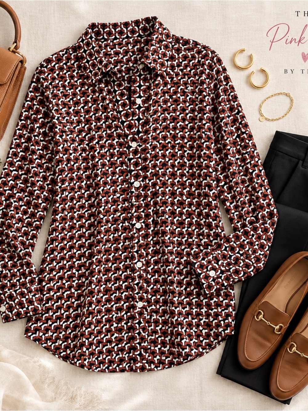 Preston & York Geometric Print Button Down Blouse Medium